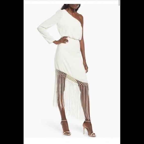 Lulus Love at Dusk Cream One-Shoulder Asymmetrical Fringe Midi Dress Size Large - Picture 10 of 10